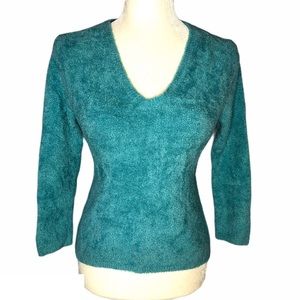 Shu Shu Teal Form Fitting Soft Fuzzy Sweater